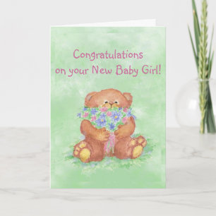 Tarjeta Felicitaciones Baby Girl FunTeddy Bear Flowers