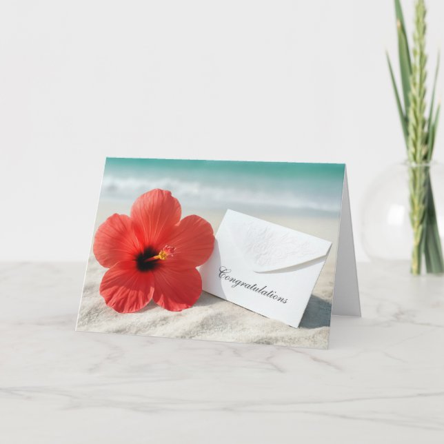 Tarjeta Felicitaciones Boda en Playa con Flor Hibiscus (Anverso)
