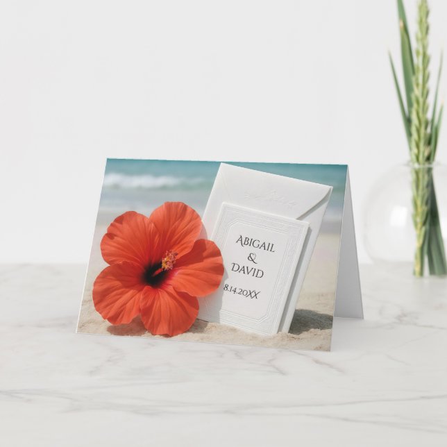 Tarjeta Felicitaciones Boda en Playa con Flor Hibiscus (Anverso)