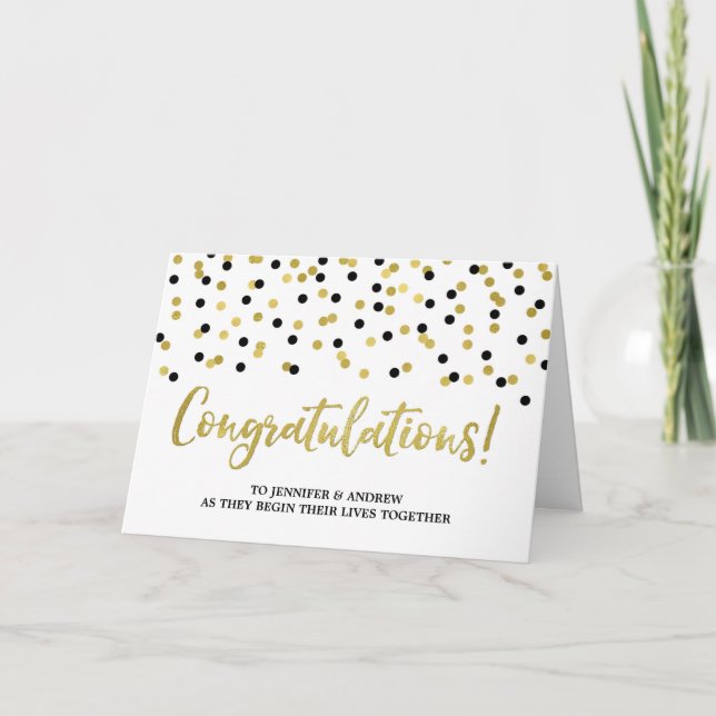 Tarjeta Felicitaciones boda pareja oro negro (Anverso)