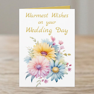 Tarjeta Felicitaciones calurosas flores día de la boda oro