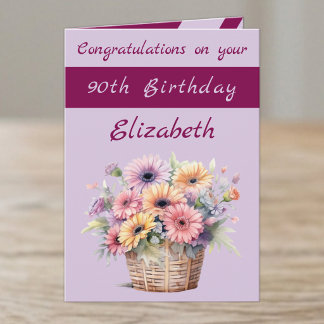Tarjeta Felicitaciones cumpleaños 90 floral granate púrpur
