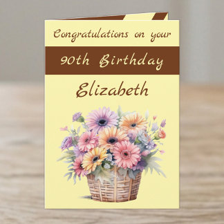 Tarjeta Felicitaciones cumpleaños 90 floral marrón amarill