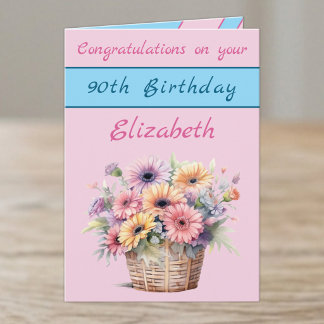 Tarjeta Felicitaciones cumpleaños 90 floral rosa azul