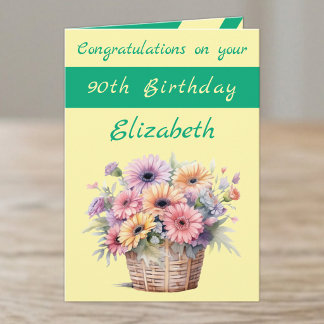 Tarjeta Felicitaciones cumpleaños 90 floral verde amarillo