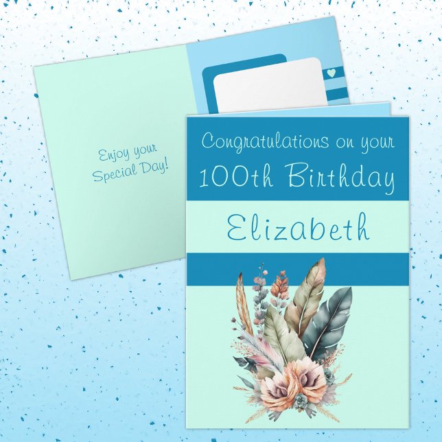 Tarjeta Felicitaciones cumpleaños número 100 flores azul v (Subido por el creador)