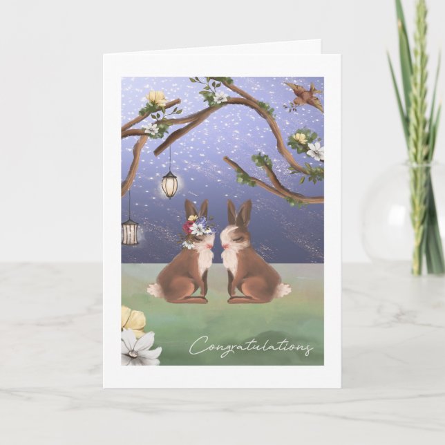 Tarjeta Felicitaciones Cute Bunny Rabbit Couple Woodland (Anverso)