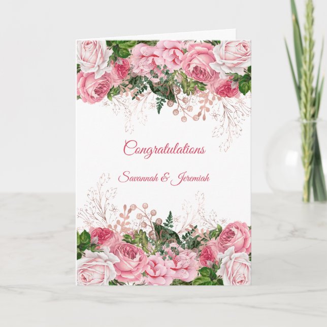 Tarjeta Felicitaciones de boda florales rosa chic (Anverso)