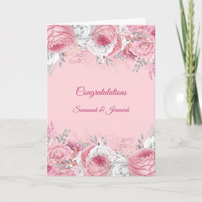 Tarjeta Felicitaciones de boda florales rosa chic plateado (Anverso)