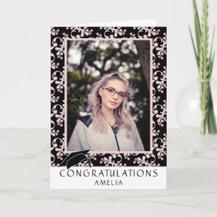 Tarjeta Felicitaciones de graduación en foto rosa rococó