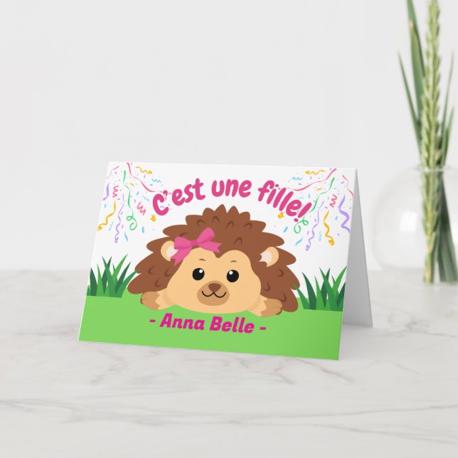 Tarjeta Felicitaciones de niña francesa con erizo (Anverso)