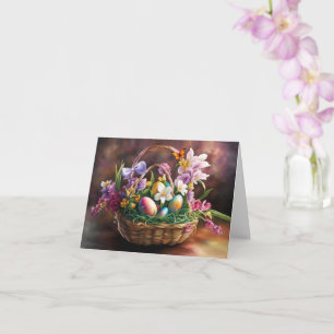 Tarjeta Felicitaciones de Pascua con flores de cesta Huevo