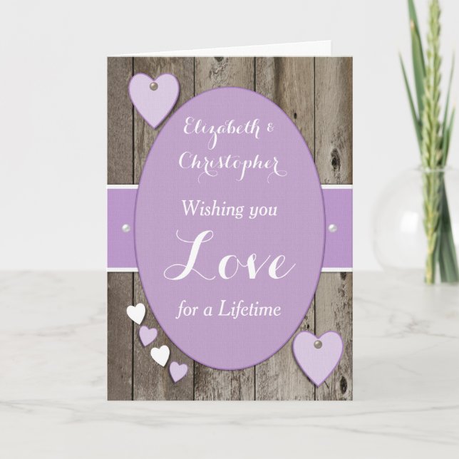 Tarjeta Felicitaciones Día de la Boda Rústica púrpura (Anverso)