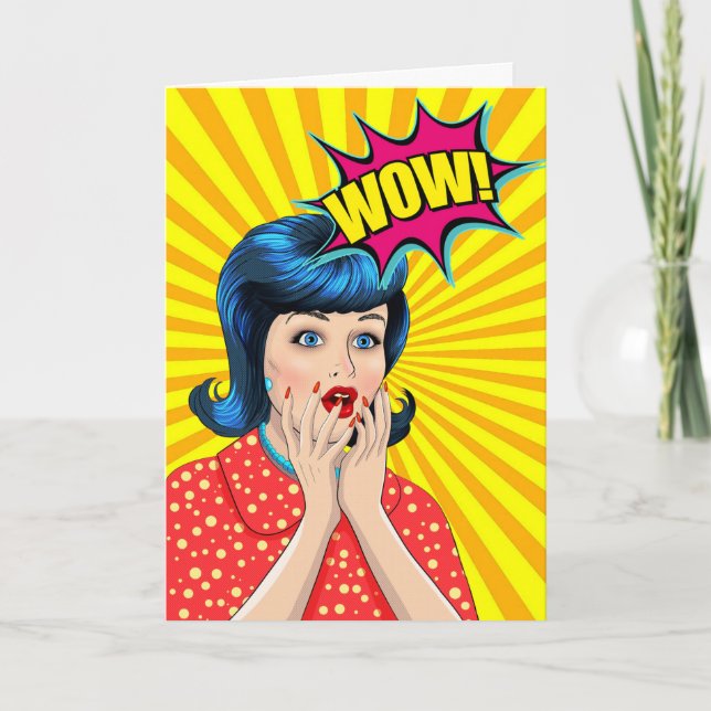 Tarjeta Felicitaciones divertidas con Pop Art Wow Woman (Anverso)