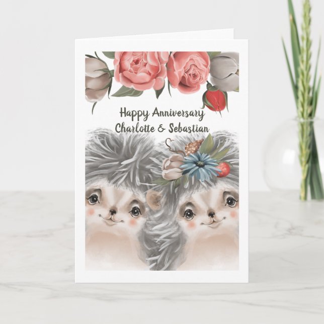 Tarjeta Felicitaciones Feliz Aniversario Hedgehog Pareja (Anverso)