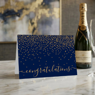 Tarjeta Felicitaciones Glam Azul Marino y Confeti Dorado