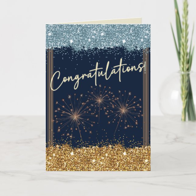 Tarjeta Felicitaciones Graduación Azul y Marcha de Oro (Anverso)