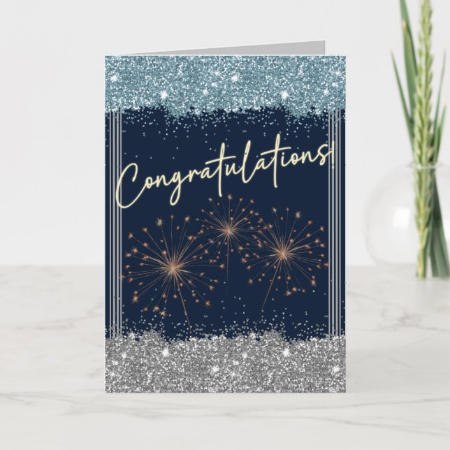 Tarjeta Felicitaciones Graduación Azul y Plata Esparkle (Anverso)