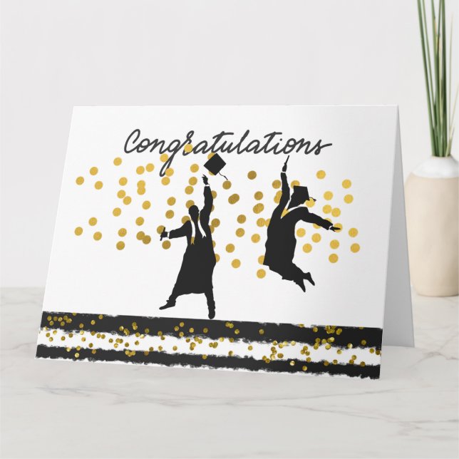 Tarjeta Felicitaciones Graduación Confetti oro negro (Anverso)