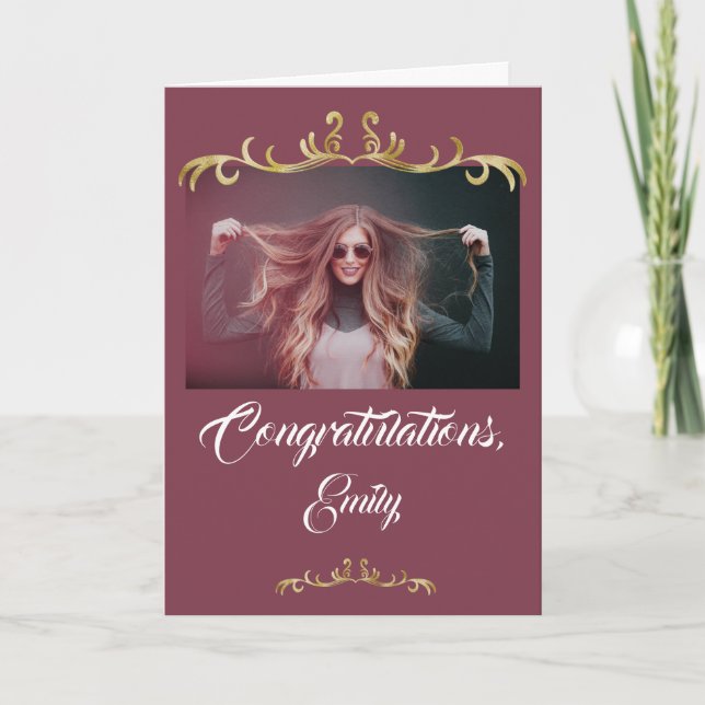 Tarjeta Felicitaciones Graduación de Foto Ornamento de Oro (Anverso)
