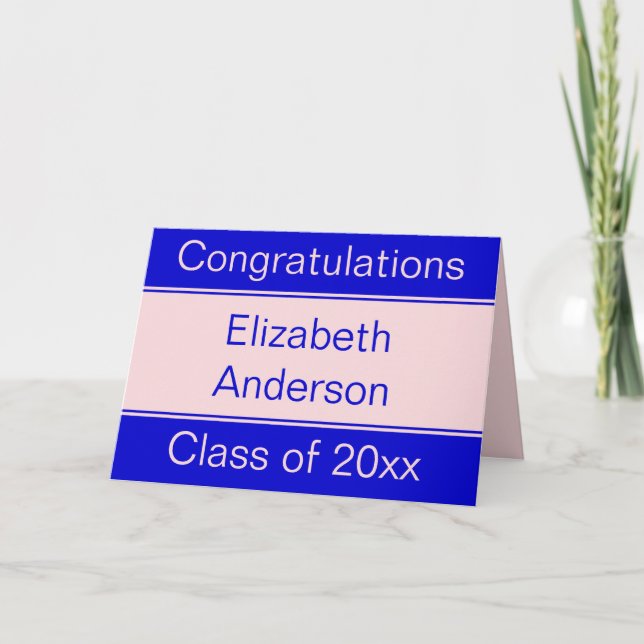Tarjeta Felicitaciones Graduación de nombre rosa y azul (Anverso)