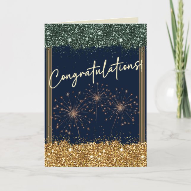 Tarjeta Felicitaciones Graduación Green & Gold Sparkle (Anverso)