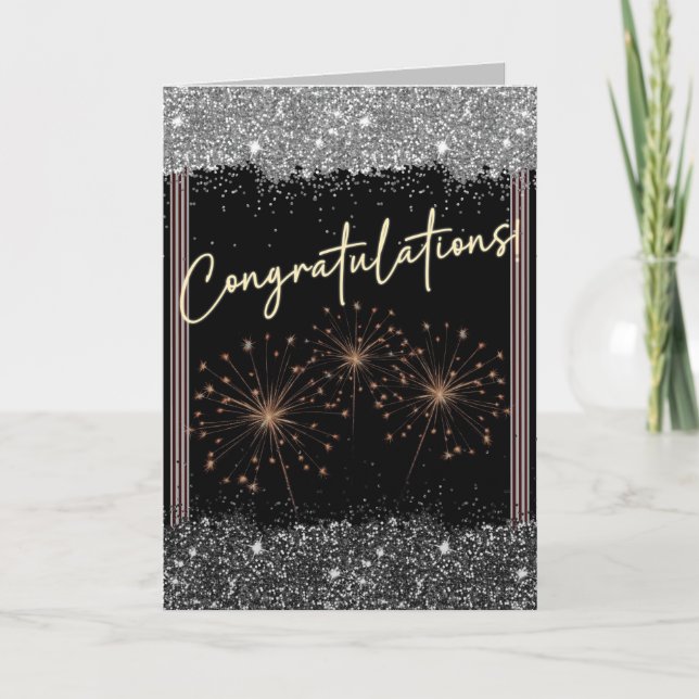 Tarjeta Felicitaciones Graduación Plata y Espuma Negra (Anverso)