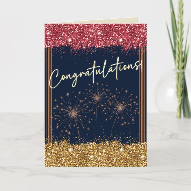 Tarjeta Felicitaciones Graduación Red & Gold Sparkle (Anverso)