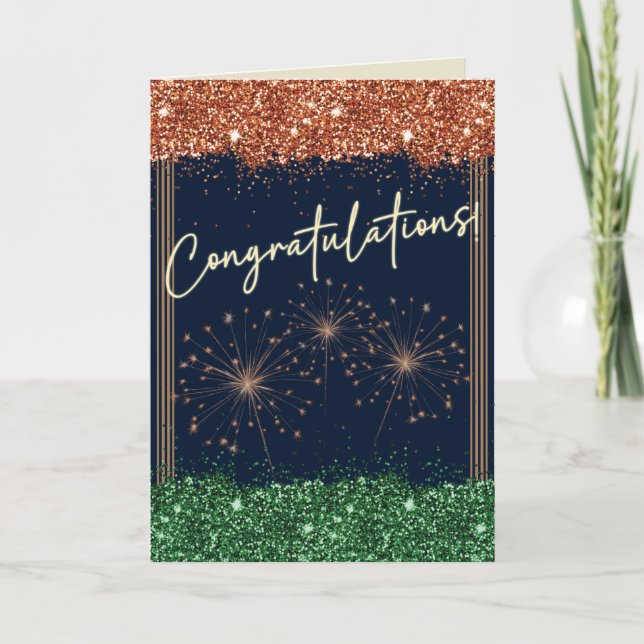 Tarjeta Felicitaciones Graduación Verde y Naranja Sparkle (Anverso)