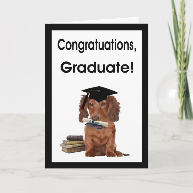 Tarjeta Felicitaciones Graduado - Dachshund en Grad Cap (Anverso)
