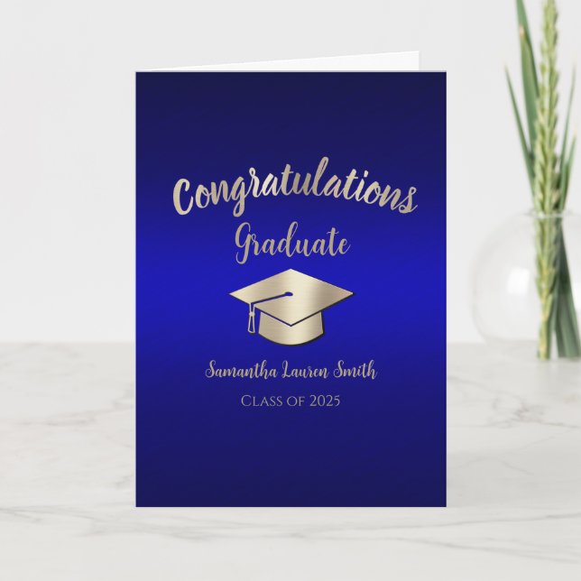 Tarjeta Felicitaciones Graduate Blue Gold Class de 2025 (Anverso)