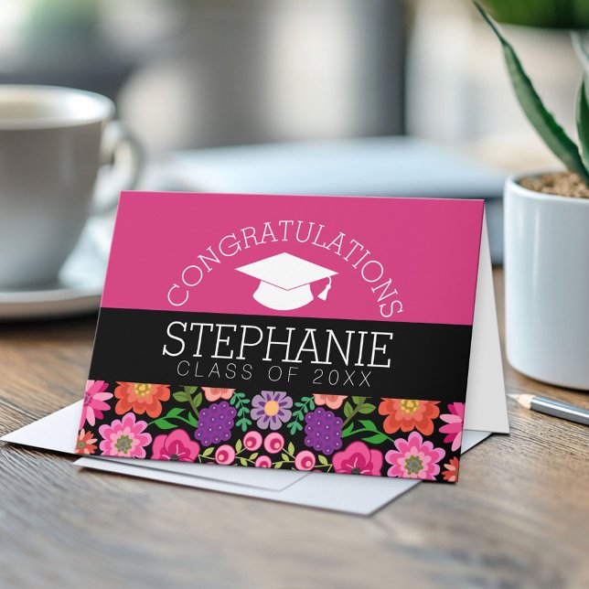 Tarjeta Felicitaciones Graduate Girly Flowers Graduado (Custom, Personalized Graduation Congratulations - Folded Greeting Card)