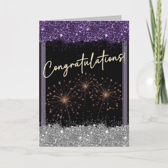 Tarjeta Felicitaciones Graduate Purple & Silver Sparkle (Anverso)