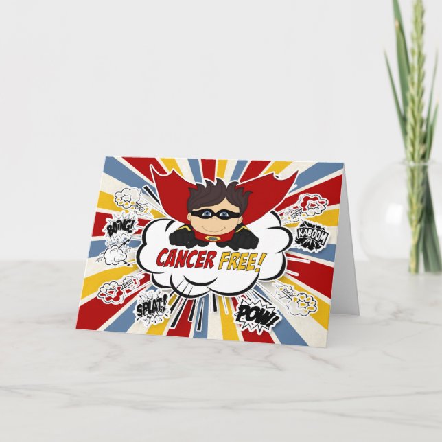 Tarjeta Felicitaciones libres de cáncer Superhéroe rojo ma (Anverso)
