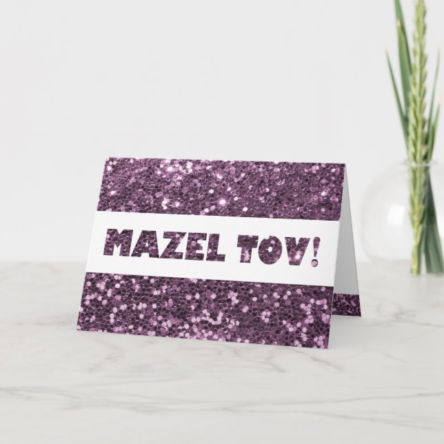 Tarjeta Felicitaciones Mazel Tov Purpura Lila con Brillo (Anverso)