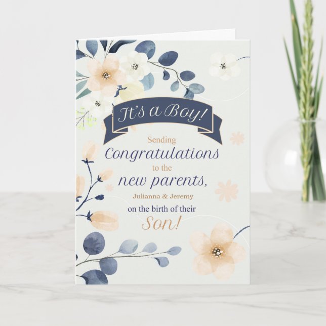 Tarjeta Felicitaciones Nacimiento de un hijo azul y amaril (Anverso)