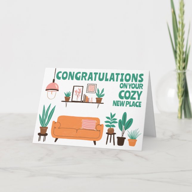 Tarjeta Felicitaciones Nueva Casa Acogedora Salón Cute (Anverso)