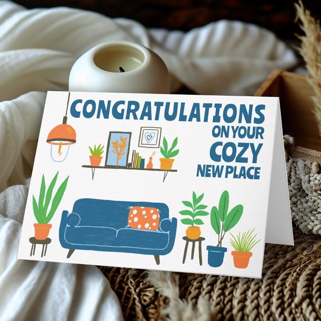 Tarjeta Felicitaciones Nueva Casa Acogedora Salón Cute (Congratulations New Home Cozy Cute Living Room Custom Housewarming Colorful Whimsical Greeting Card
)