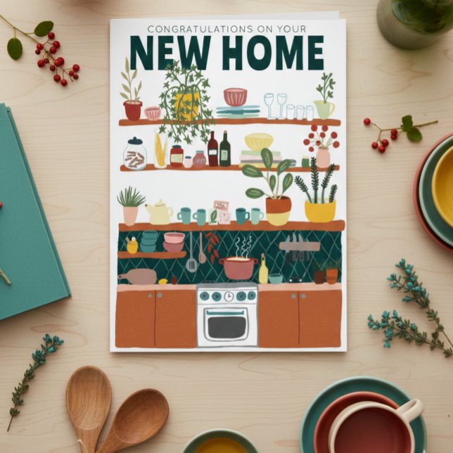 Tarjeta FELICITACIONES NUEVA CASA MOVIENDO Cocina Cute (CONGRATULATIONS NEW HOME MOVING Housewarmoing Cute Kitchen Greeting Card
)