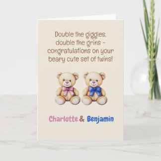 Tarjeta Felicitaciones personalizadas para bebés gemelos,