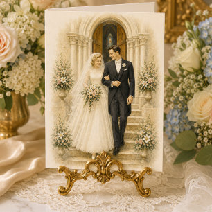 Tarjeta Felicitaciones por Boda Católica Novia Novio