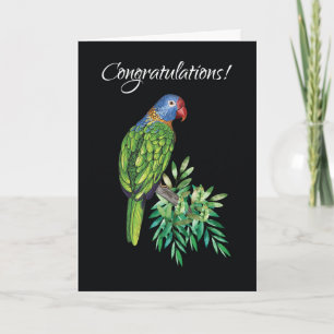 Tarjeta Felicitaciones por conseguir nuevo pájaro loro