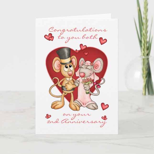 Tarjeta Felicitaciones por el 2º aniversario -ratones lind (Anverso)