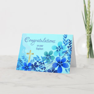 Tarjeta Felicitaciones por el bautismo con flores azules