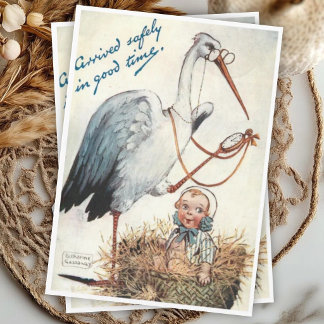 Tarjeta Felicitaciones por el Nuevo Bebé Vintage con Cigüe