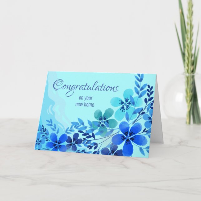 Tarjeta Felicitaciones por el nuevo hogar con flores azule (Anverso)