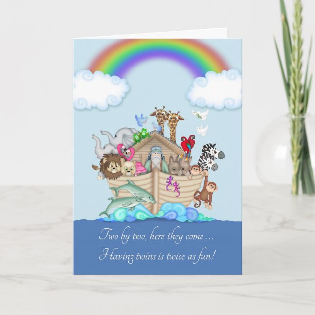 Tarjeta Felicitaciones por esperar gemelos - Arca de Noé (Anverso)