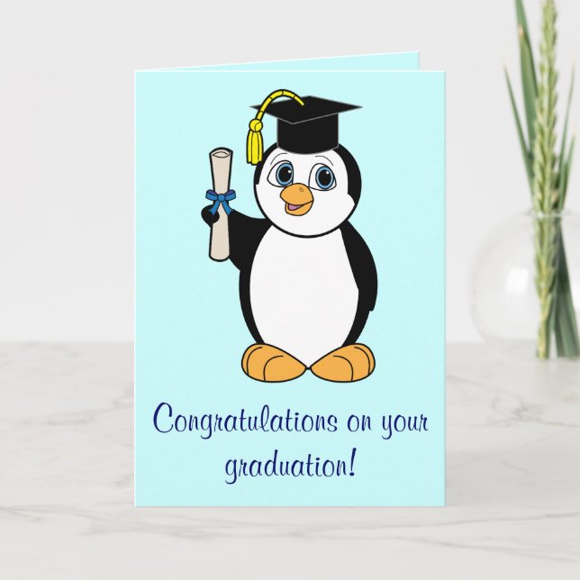 Tarjeta Felicitaciones por graduación con Boy Penguin (Anverso)
