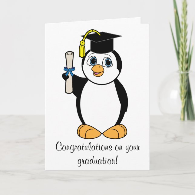 Tarjeta Felicitaciones por graduación con Boy Penguin (Anverso)
