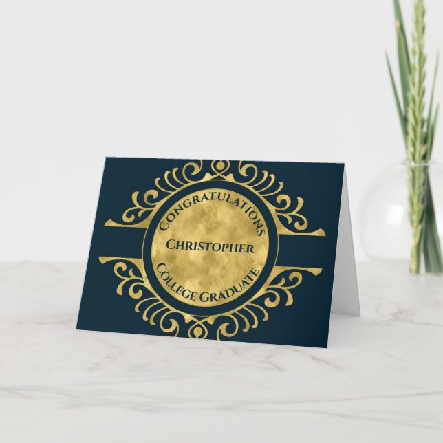 Tarjeta Felicitaciones por graduación del elegante oro azu (Anverso)